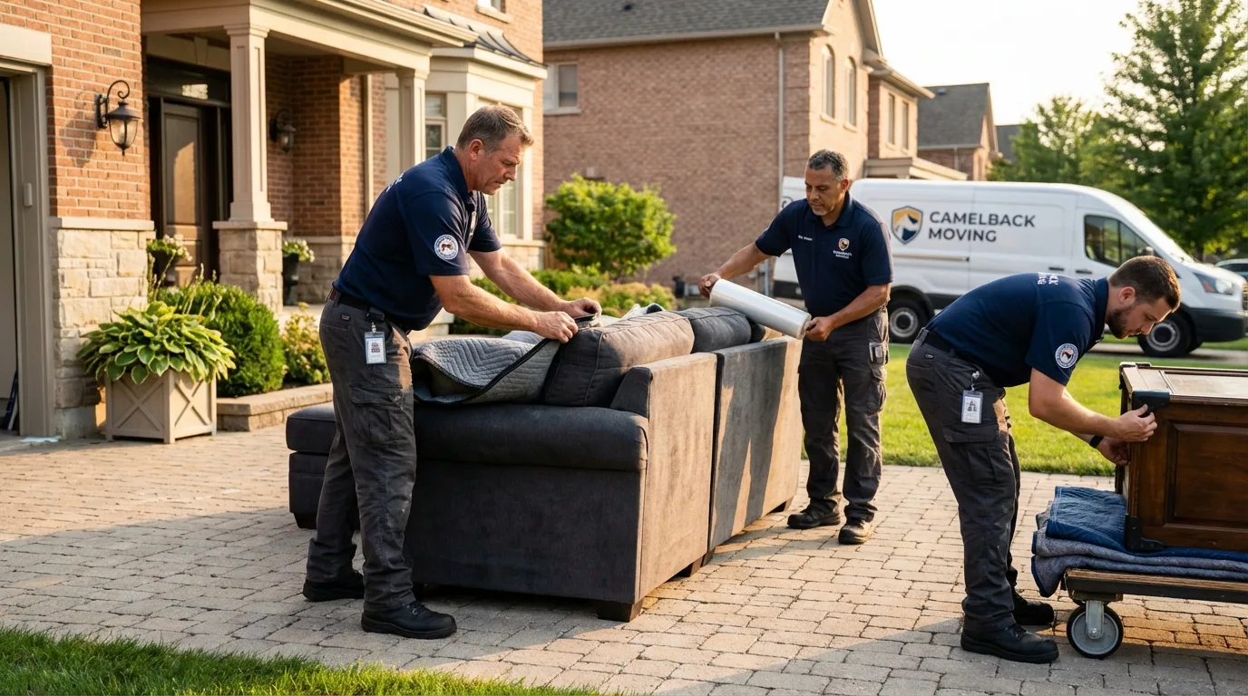 Large estate moving crew wrapping furniture in West Hartford, CT