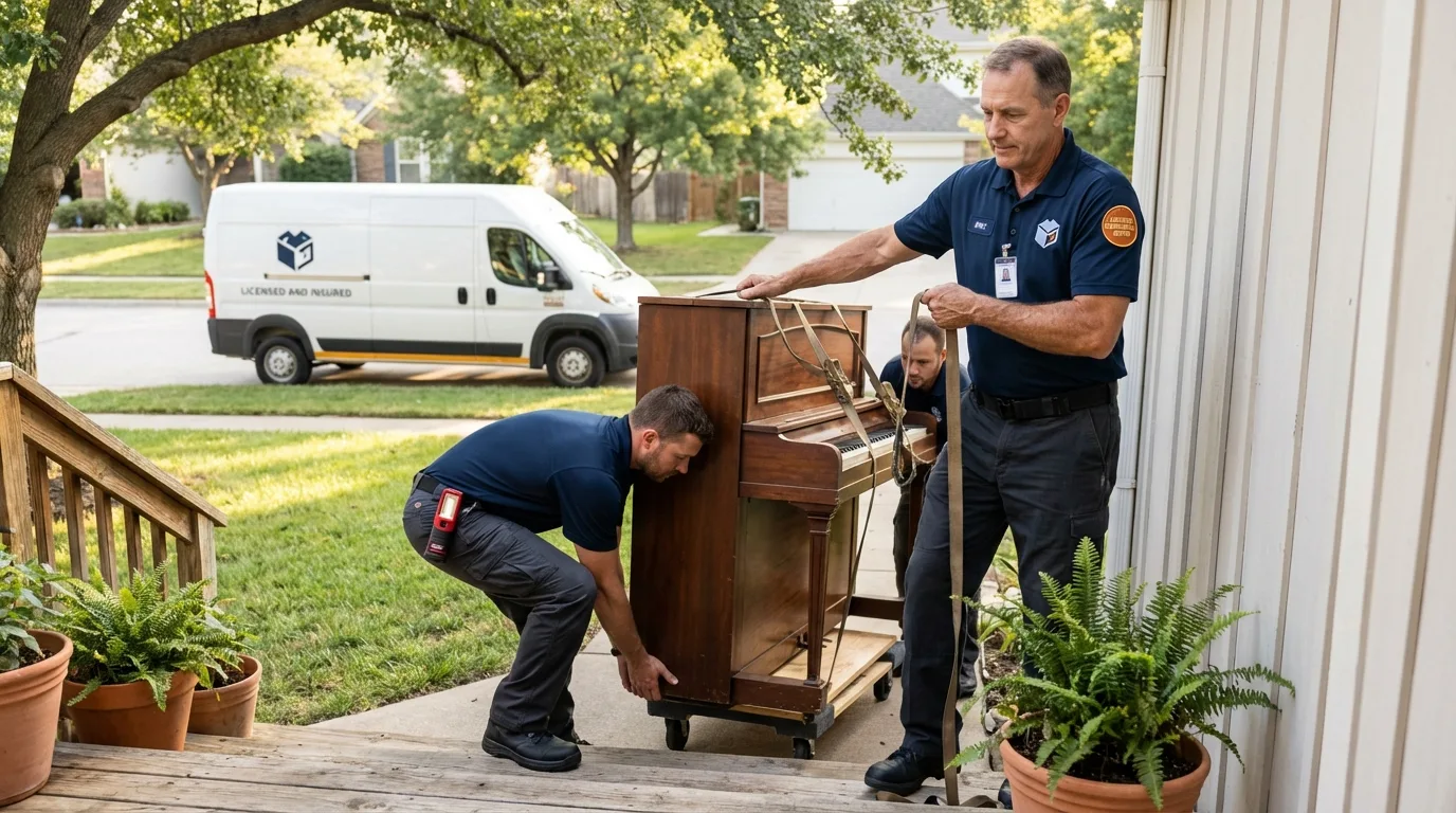 Licensed piano movers securing grand piano in West Hartford, CT
