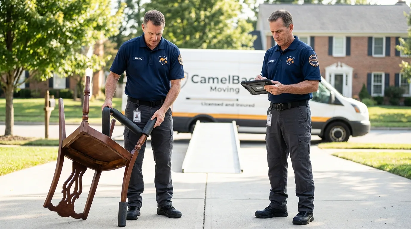 Movers inspecting furniture for damage prevention before loading in West Hartford, CT