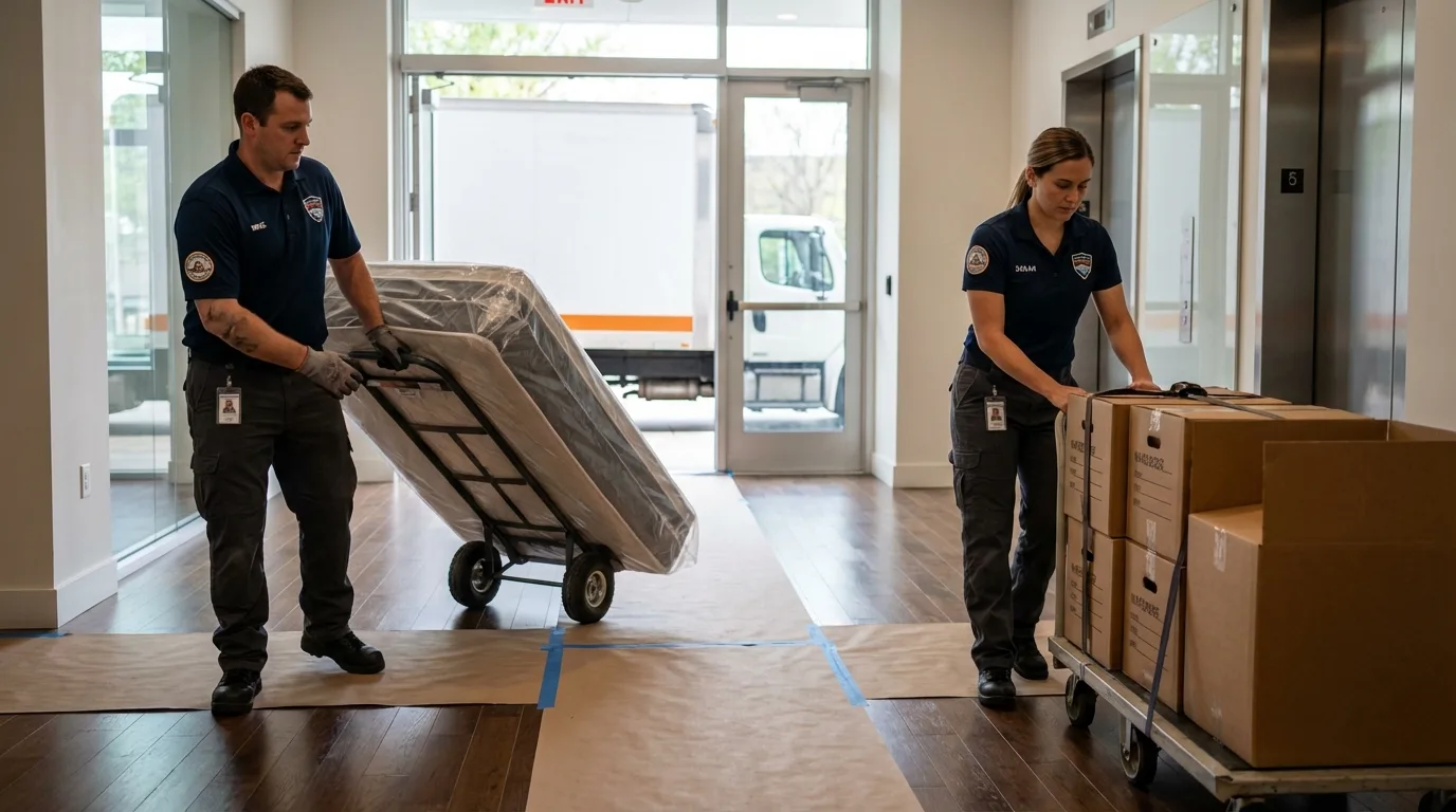 Professional apartment movers loading elevator in West Hartford, CT