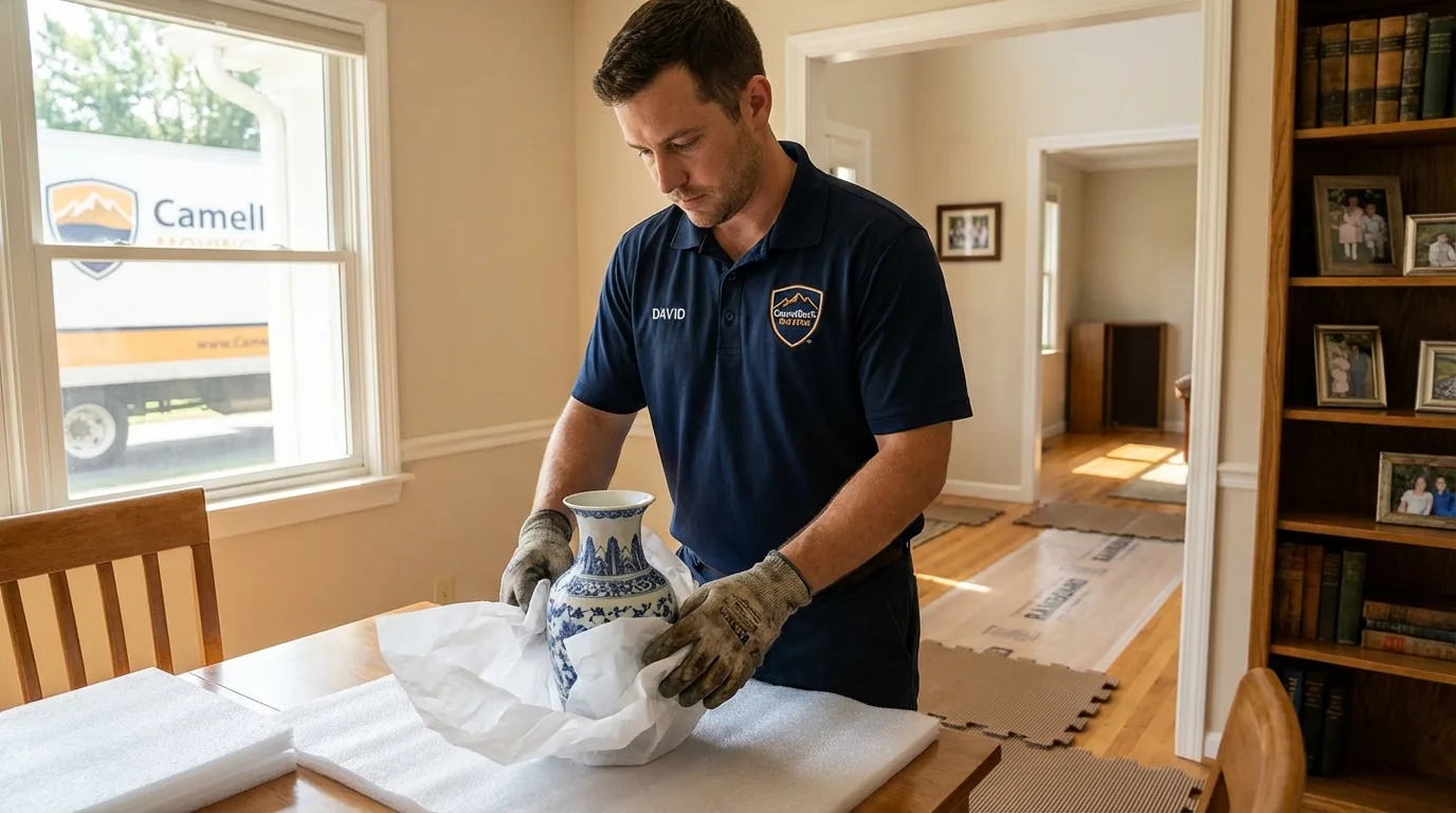 Professional crew carefully wrapping antique vase for senior downsizing move in West Hartford, CT