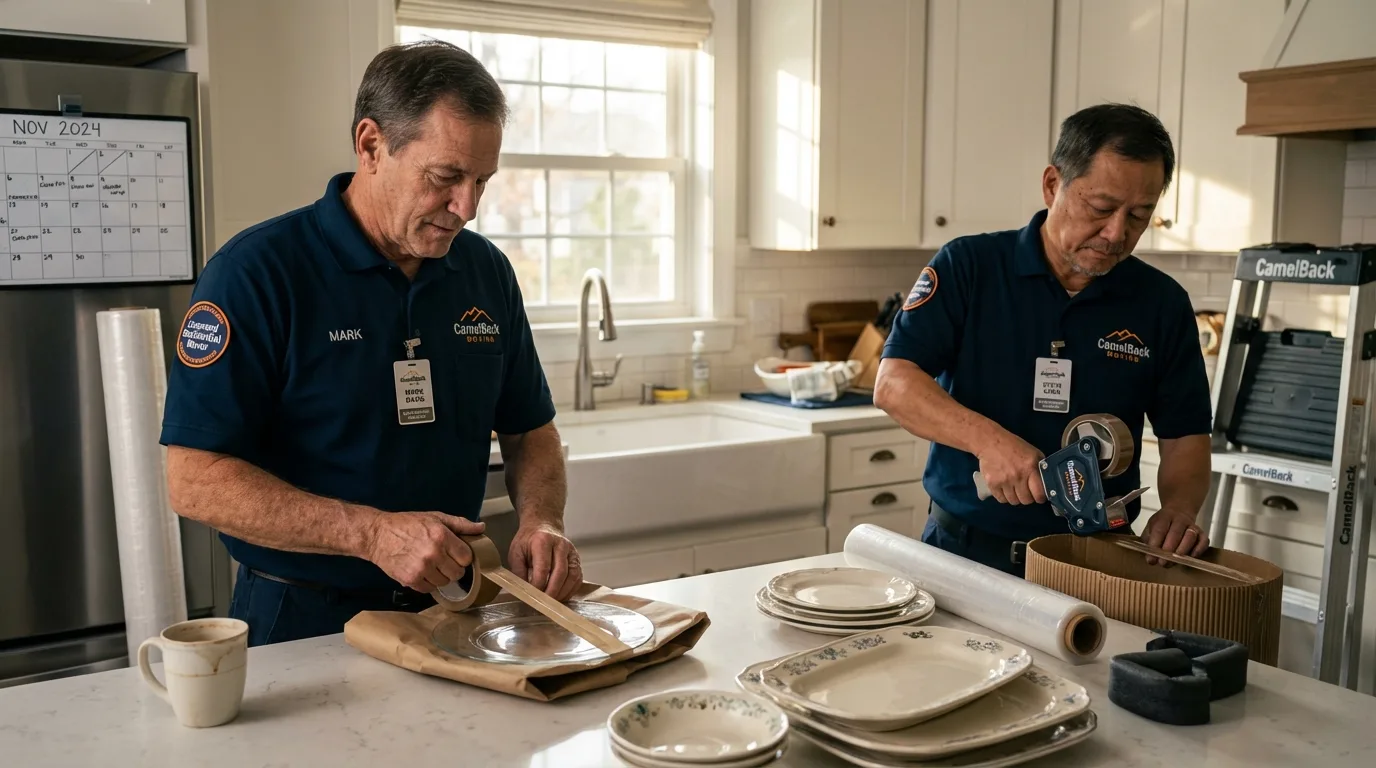 Professional crew packing kitchen dishware in West Hartford, CT